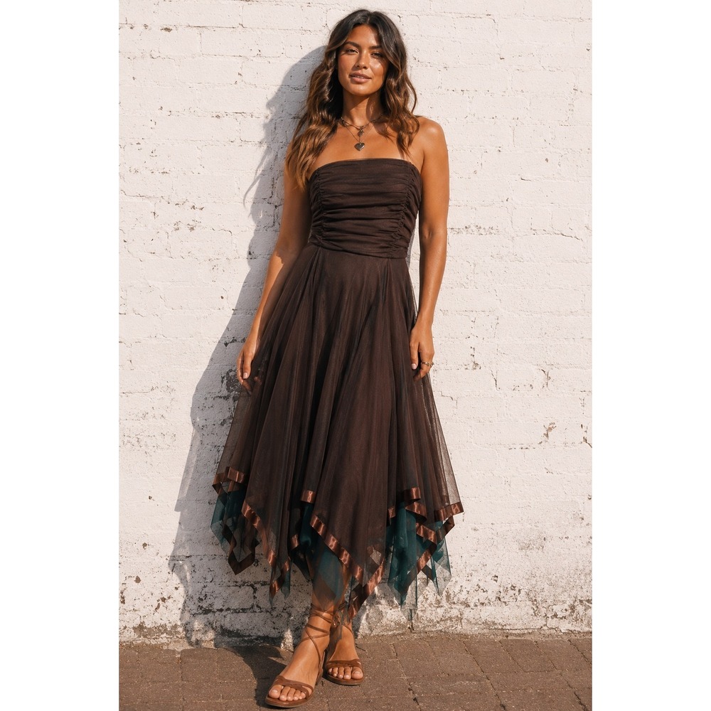 Vintage Masquerade Brown Teal Strapless Handkerchief Hem Tulle Fairy Dress 13/14